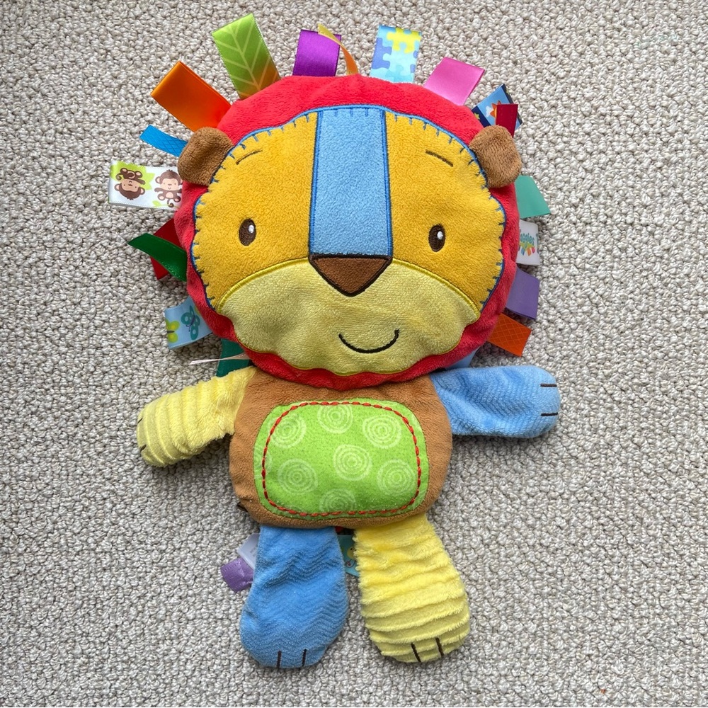 Bright Starts Taggies Lion 12" Yellow Plush Lovey Blanket Baby Stuffed Squeaker